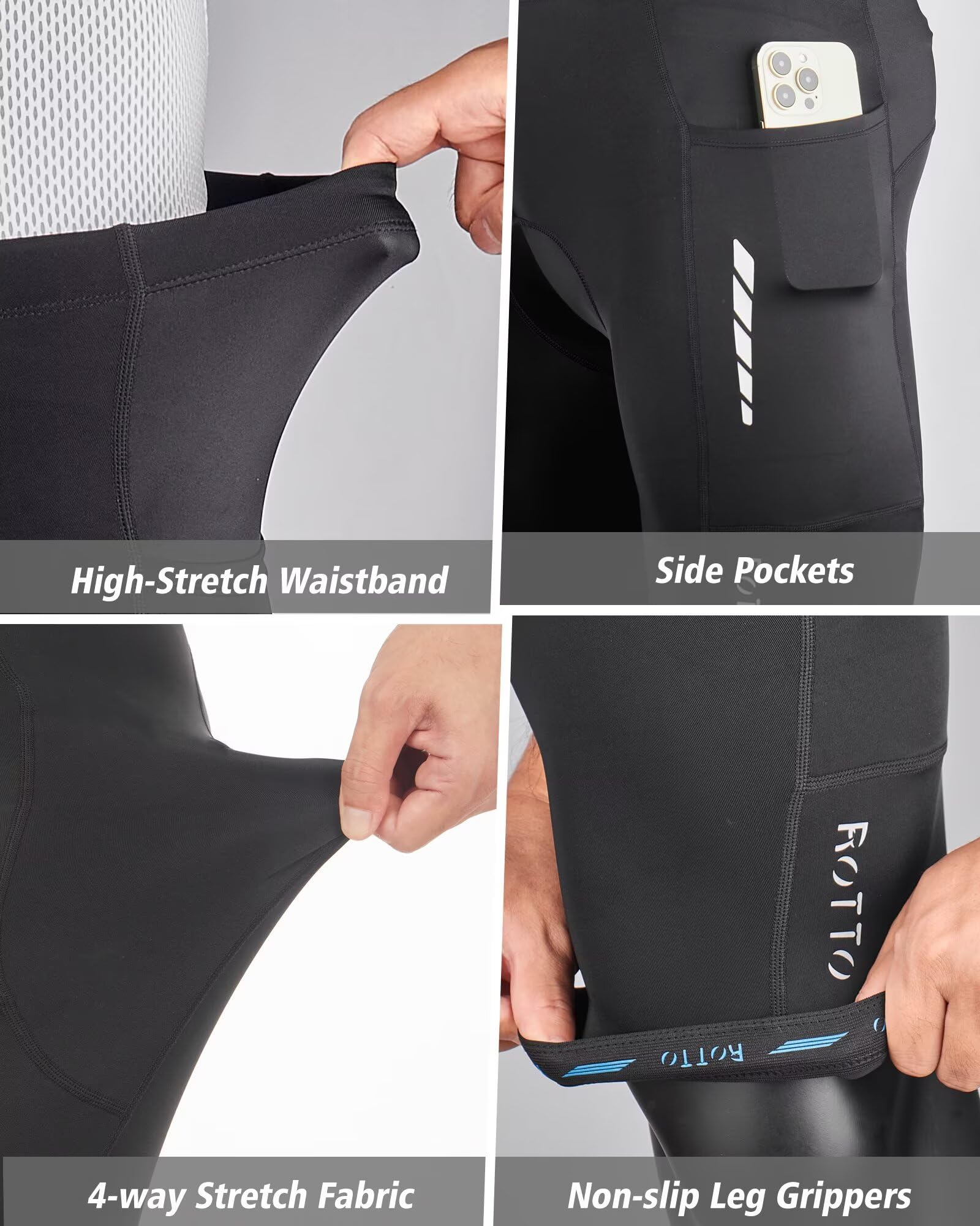 ROTTO Radlerhose Herren Gel-Polsterung Fahrradhose Atmungsaktive mit Taschen | Für Rennrad, Mountainbike, BMX