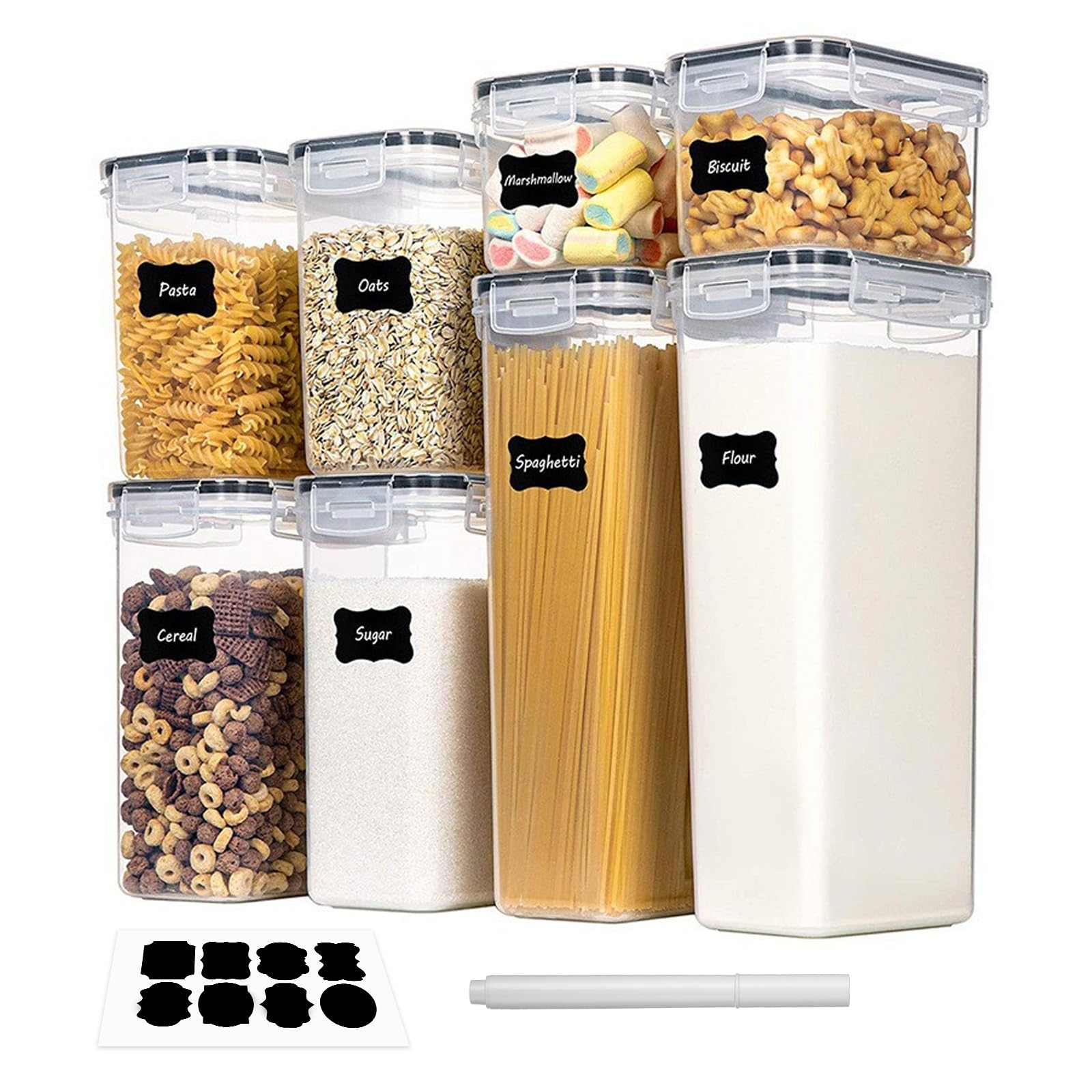 8 Barattoli Cucina - Contenitori Ermetici per Alimenti - Contenitori per Alimenti, 14L, BPA-Free, Resistenti a Umidità e Tarme, con Pennarello ed Etichette, Ideali per Cereali, Farina, Muesli, ecc