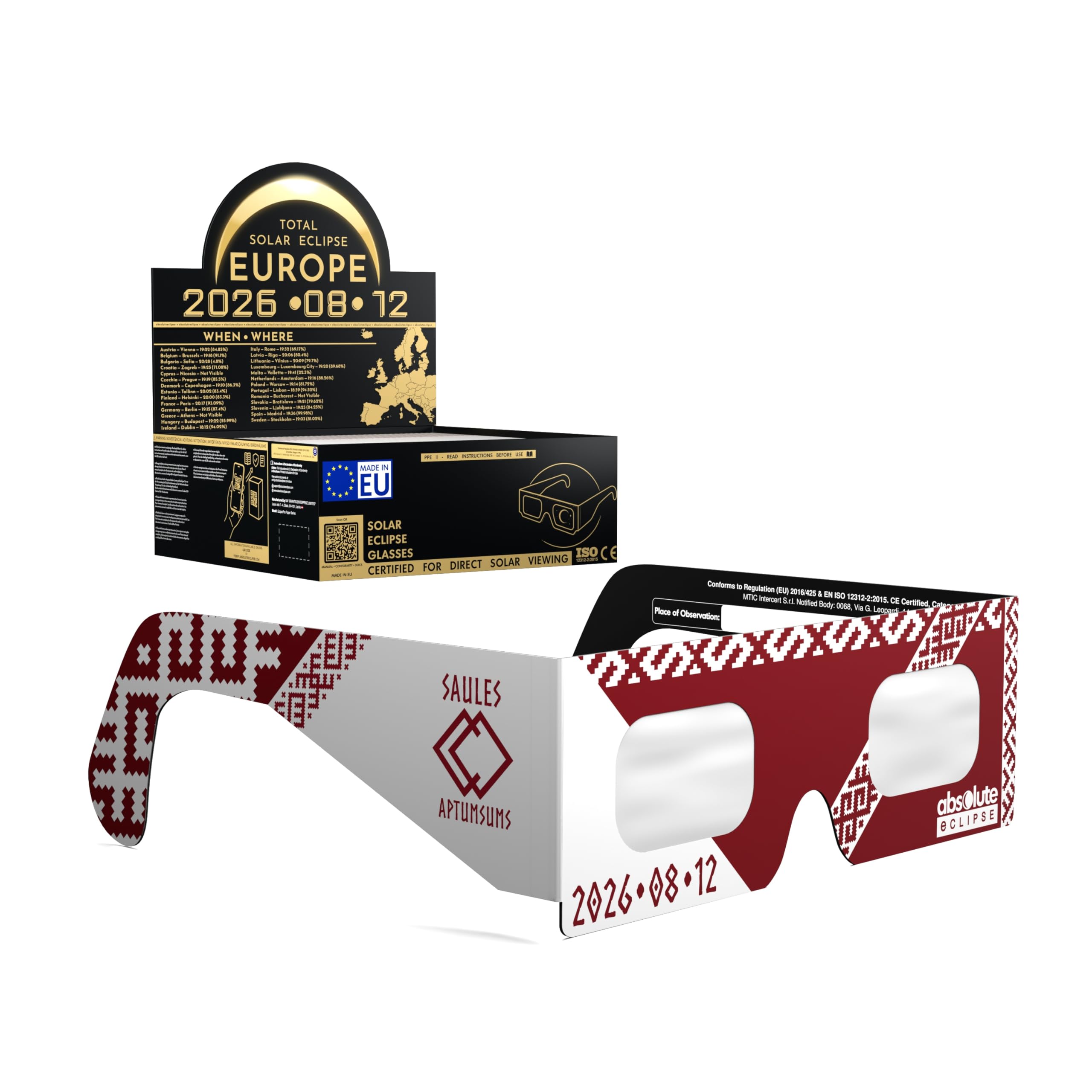 Solar Eclipse Glasses ISO 12312-2 CE Certified | Safe Solar Viewing Glasses UK | Paper Cardboard Frame | Total Solar Eclipse August 2026 | Made in EU | 50 Pack | LV โ image 1