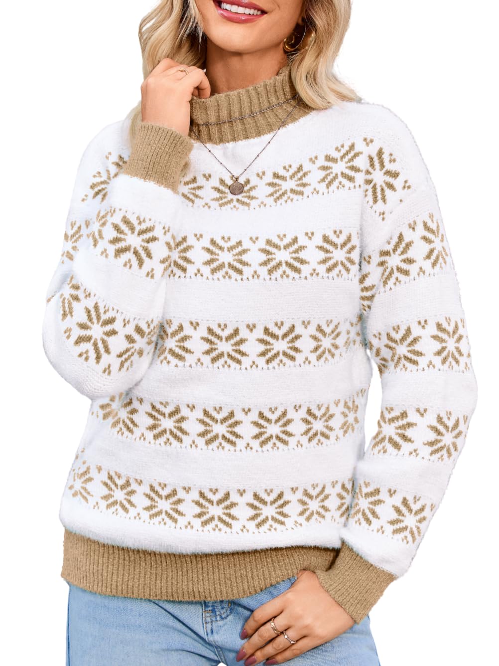 Womens Fuzzy Snowflake Sweater Mock-Neck Long Sleeve Loose Pullover Winter Warm Knit Top for Casual Holiday