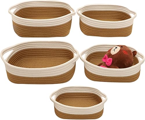 MinmalLife Cesta rectangular de cuerda (juego de 5)  Beigemostaza  Cestas para organizar, cestas de almacenamiento para estantes, cesta para regalo,