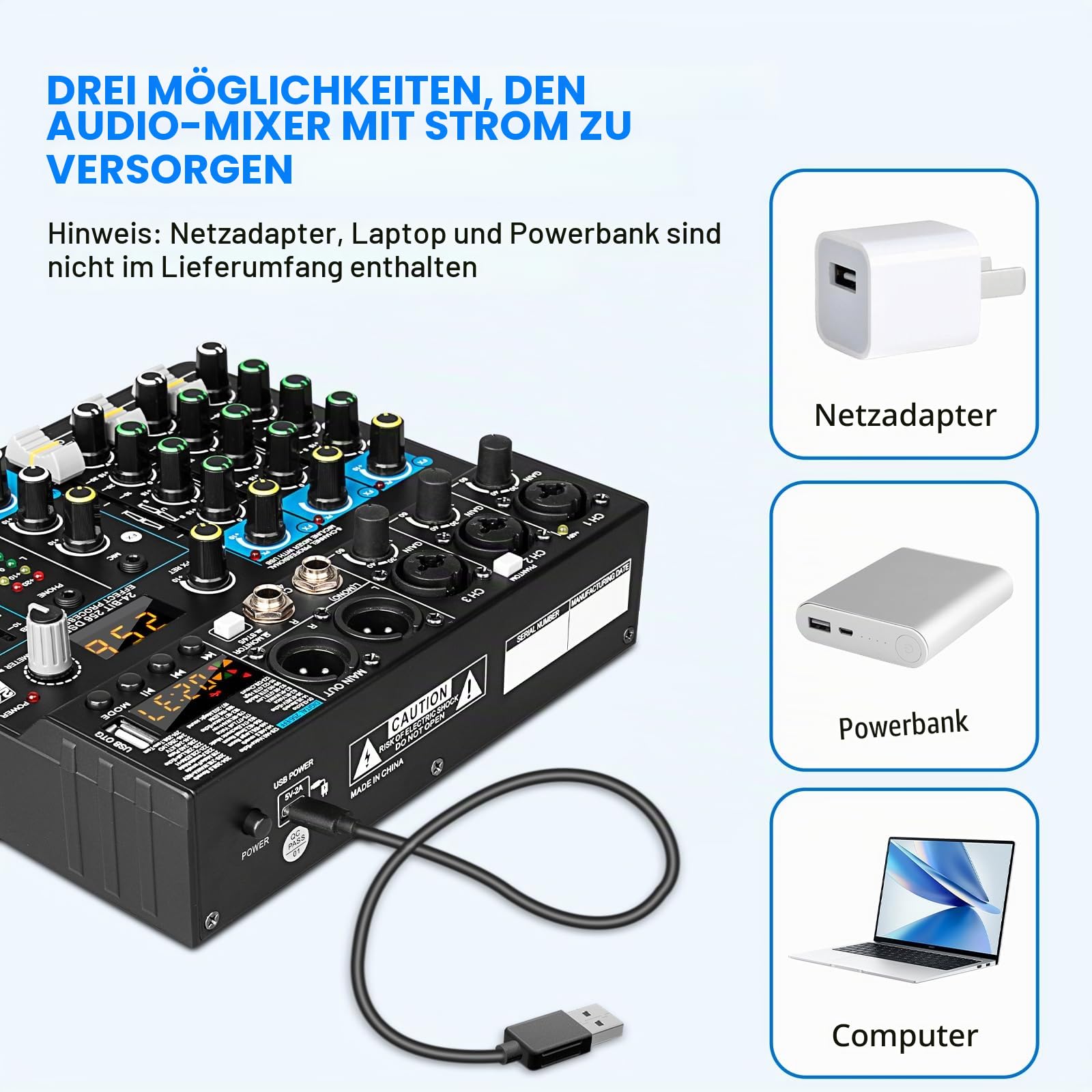 Depusheng Professioneller Audiomixer Digital FX 256-Bit DSP USB Bluetooth MP3 Computer DJ Mixer 5-Kanal-Eingangsschnittstelle mit 48-V-Phantomspeisung für PC-Aufnahme, Live-Streaming, Karaoke