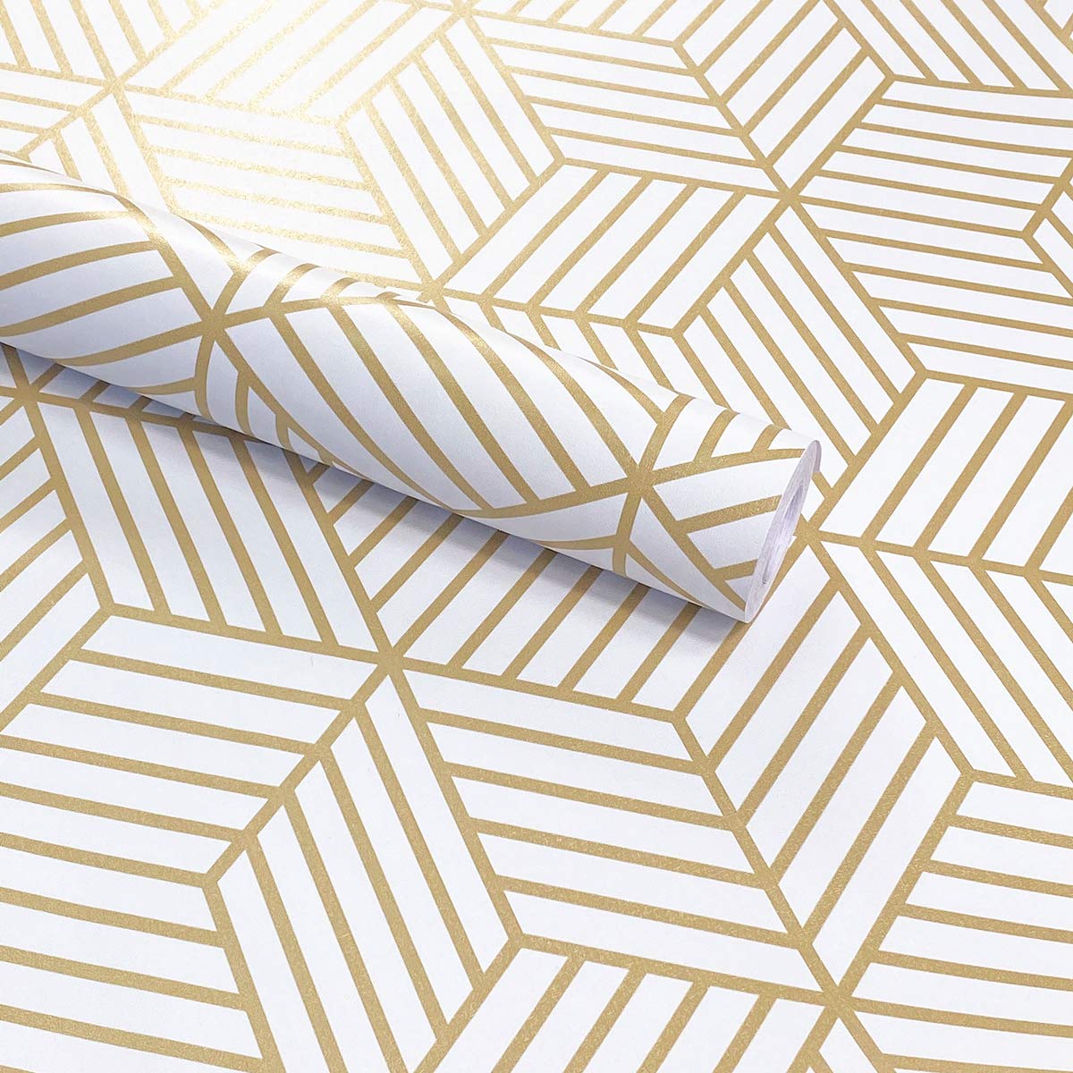 Generies Brand Gold Mesoar Stripped Peel Stick Wallpaper Hexagon Stripes Adhesive Paper Vinyl Film Shelf Drawer Liner Sticky Back Plastic Roll 45Cm By 300Cm