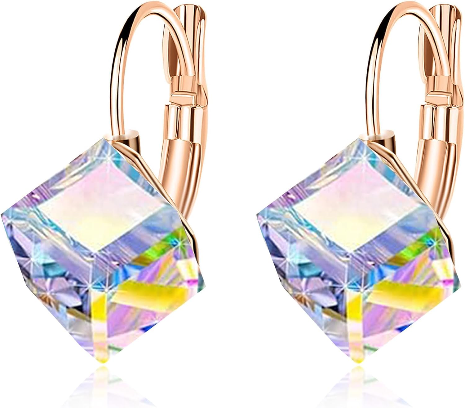 Cube Austrian Crystal Drop Leverback Earrings for Women Fashion 14K Rose Gold Plated Hypoallergenic Jewelry