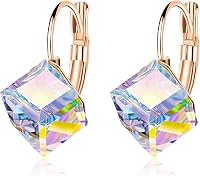 EVEVIC Cube Austrian Crystal Drop Leverback Earrings for Women - 14K Rose Gold Plated Hypoallergenic Fashion Jewelry