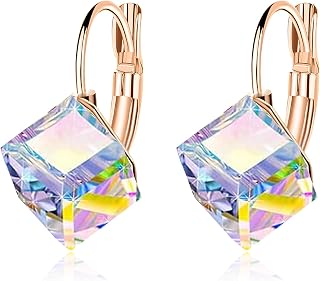 EVEVIC Cube Austrian Crystal Drop Leverback Earrings for Women - 14K Rose Gold Plated Hypoallergenic Fashion Jewelry