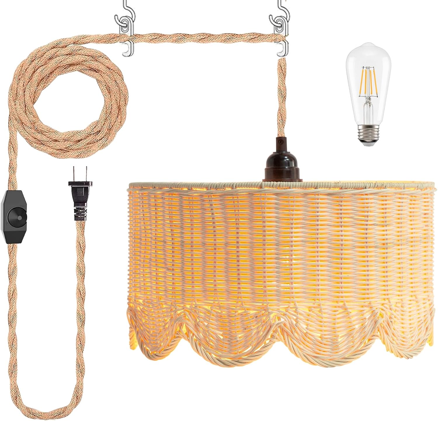 13" Plug in Scalloped Pendant Light, Rattan Hanging Lights with Plug in Cord 15FT Hemp Rope Cord, Dimmable Switch – Indoor Hanging Lamps for Boho Living Room Bedroom (Bulb Included)
