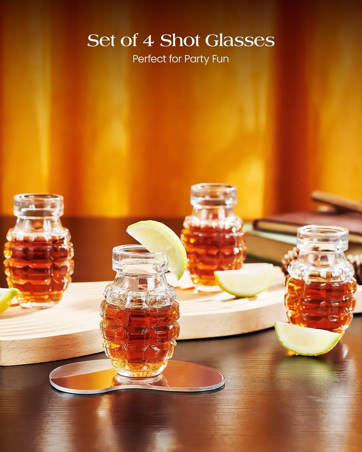 Kollea Grenade Shaped Shot Glass Set, Funny Shot Cups with Heavy Base for Whiskey, Tequila, Vodka, Liquor, 21st Birthday Gifts for Men Dad, Military Men Cave Decor, 3.7 Oz Bartender, 4 Pcs, Christmas - Image 2