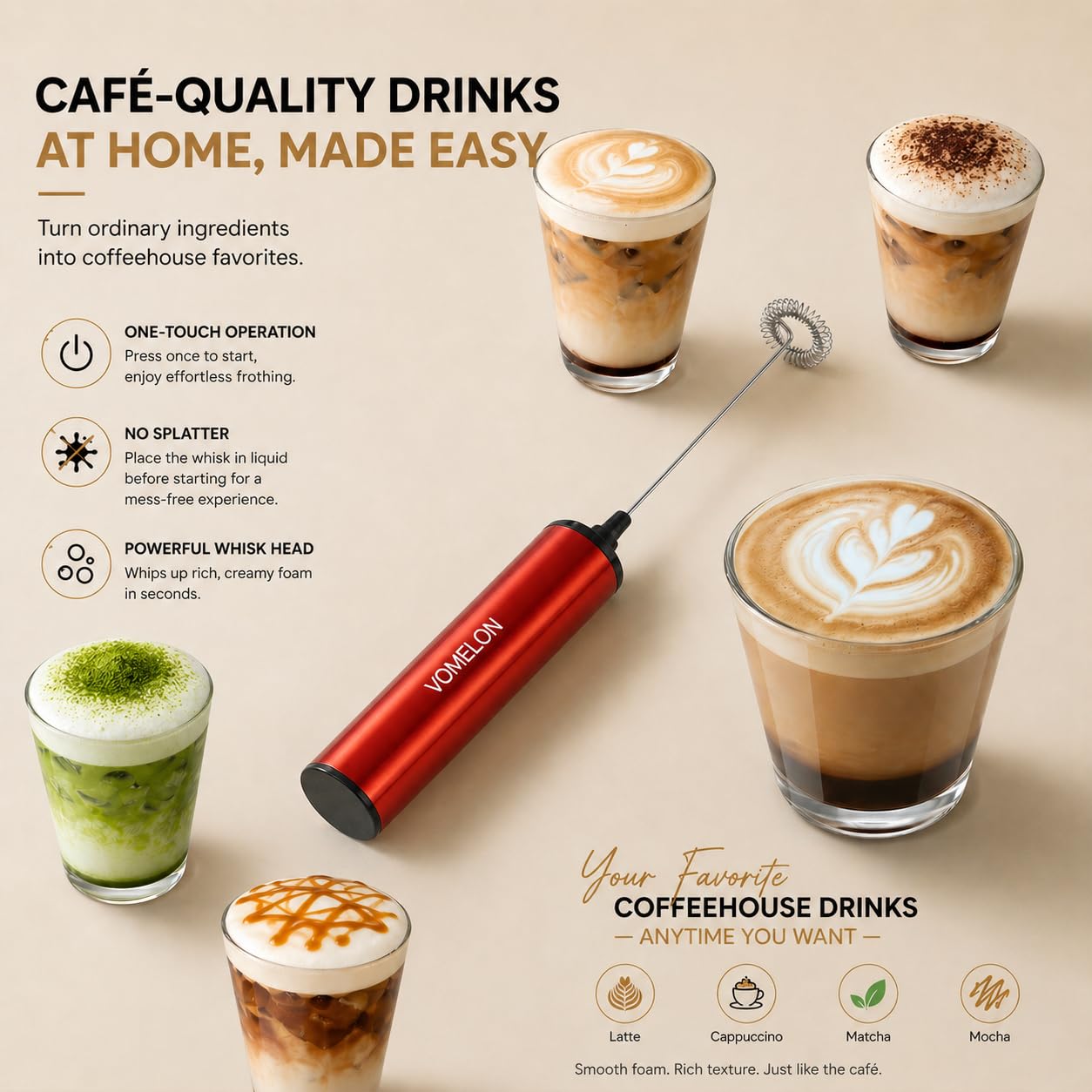 Montalatte, montalatte ricaricabile a batteria, per caffè, miscelatore portatile con 2 fruste in acciaio inox, schiumalatte per caffè cheto, latte, cappuccino, cioccolata calda, rosso rubino
