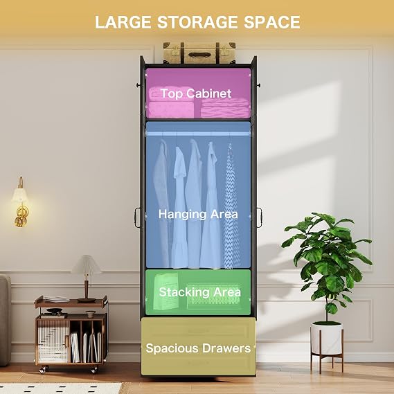 Black Armoire Wardrobe Closet with 2 Drawers: 89 H x 31.5 W | Extra Tall Wardrobe with Storage on Top, Bedroom Armoires with 2 Doors, Large Wood Closet Armoire for Hanging Clothes