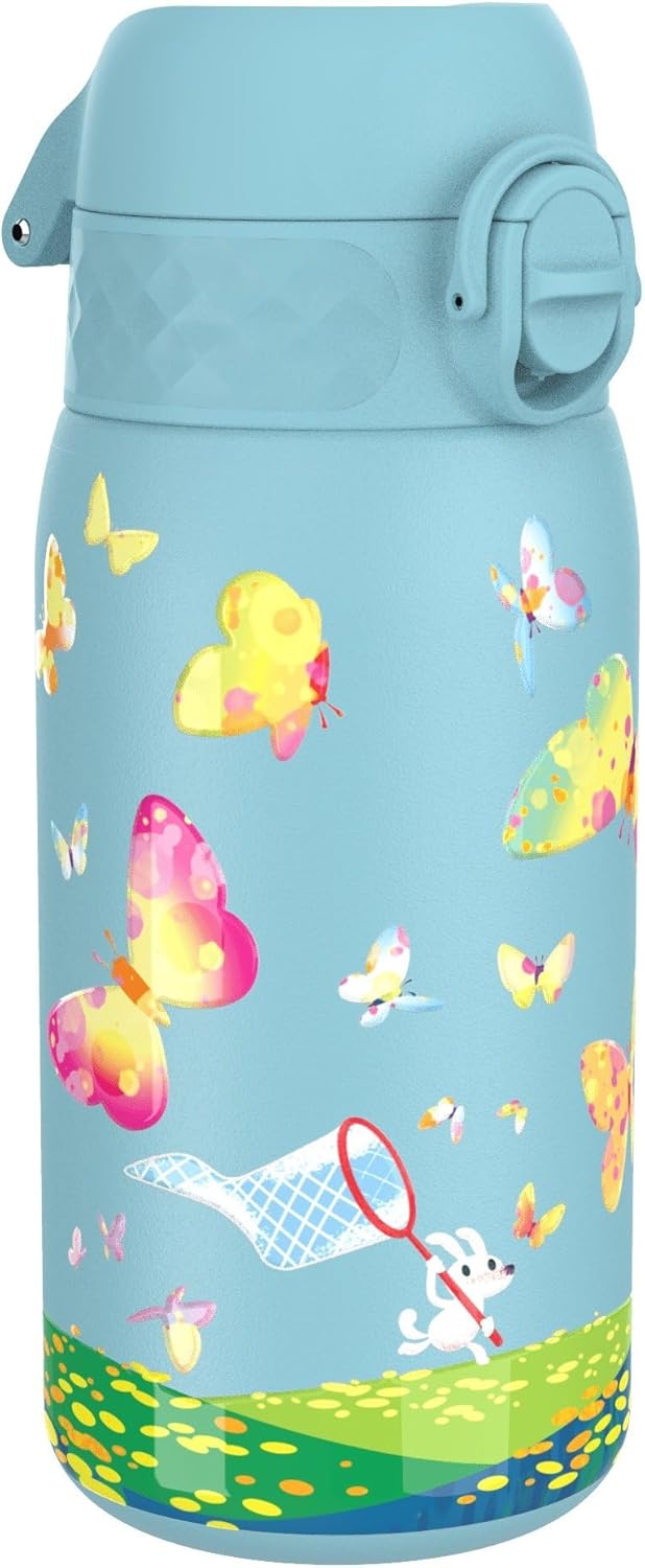 Ion8 Insulated Steel Water Bottle, 320 ml/11 oz, Leak Proof, Easy to Open, Secure Lock, Dishwasher Safe, Carry Handle, Flip Cover, Metal Water Bottle, Raised Print, Stainless Steel, Butterfly Design