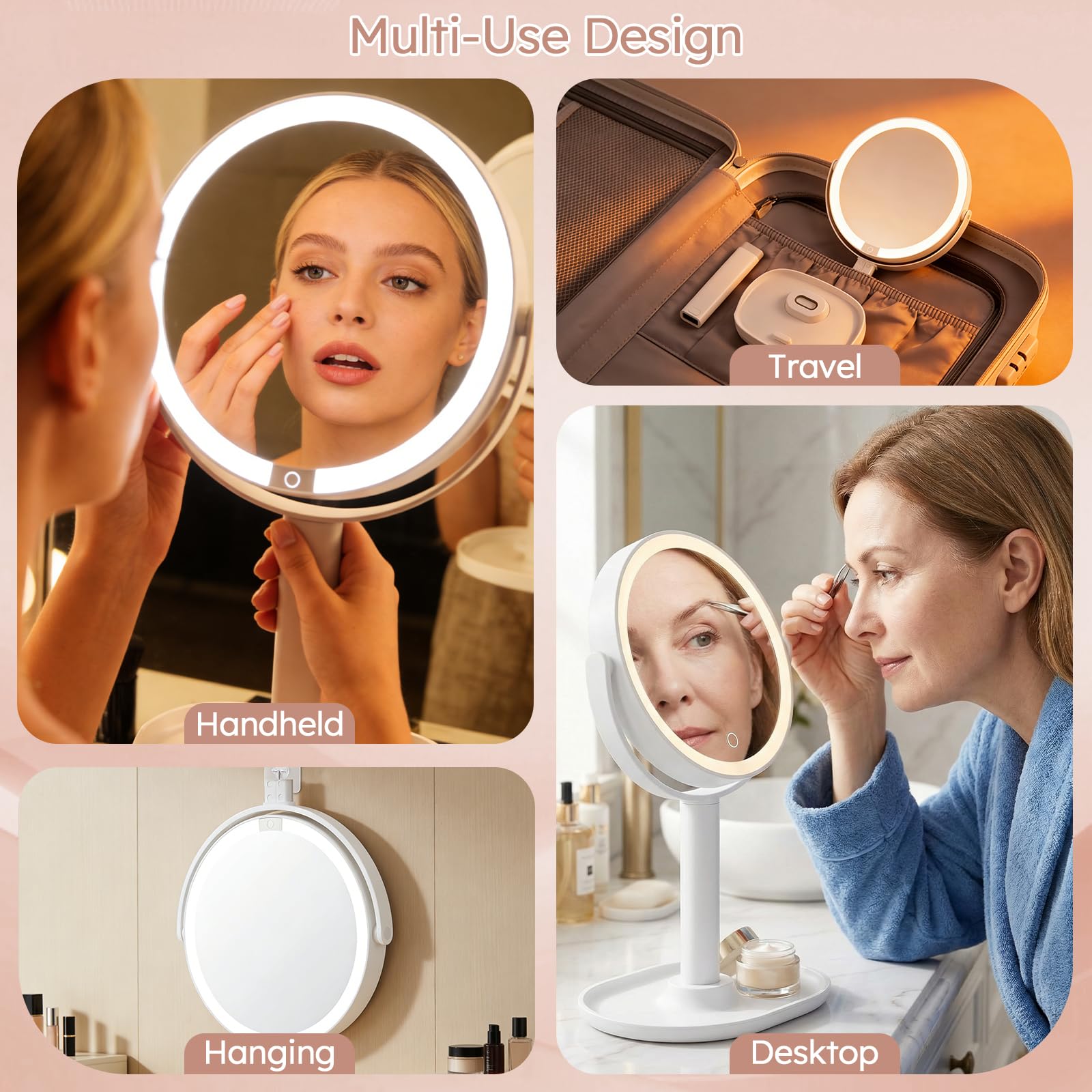 Sprifityy Specchio Trucco con Luci,30X/1X a doppia faccia specchio d'ingrandimento,Specchio ingranditore ricaricabile con luce,3 modalità di colore e luminosità regolabile, con tweeezer