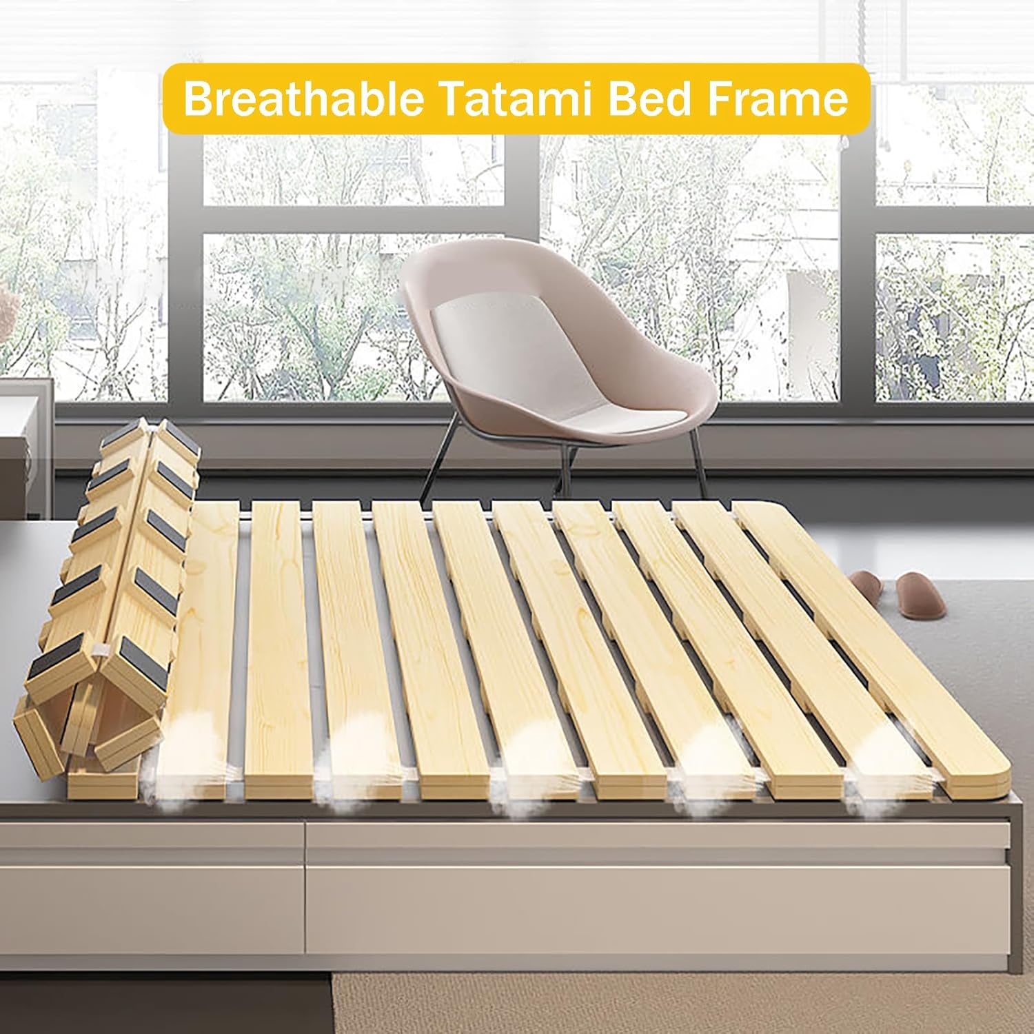 Folding Bed Frame, Natural Solid Wood Bed Frame,Japanese Platform Bed Frame Wooden Slatted Pallet Floor Bed, Roll-Up Slatted, 79" Lx39.4 W
