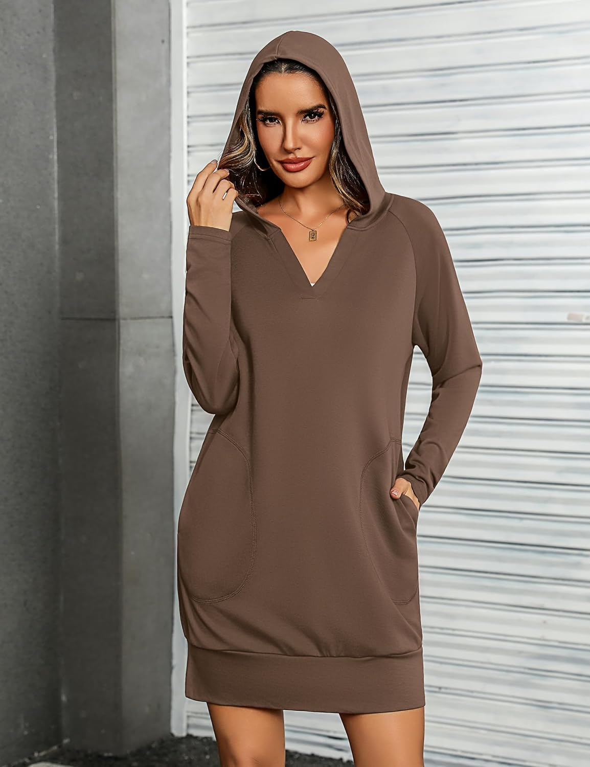 Totatuit Women Oversized Hoodies Dress Casual Long Sleeve V-Neck Hooded Sweatshirt Dress with Pockets 2025 Fall Outfits - Image 3