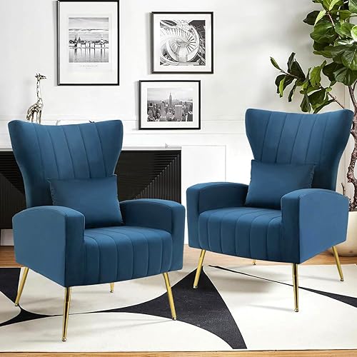 Miniatura 22 de Silla moderna de terciopelo para sala de estar, dormitorio, silla con respaldo alado con brazo y patas doradas, silla auxiliar de recepción de