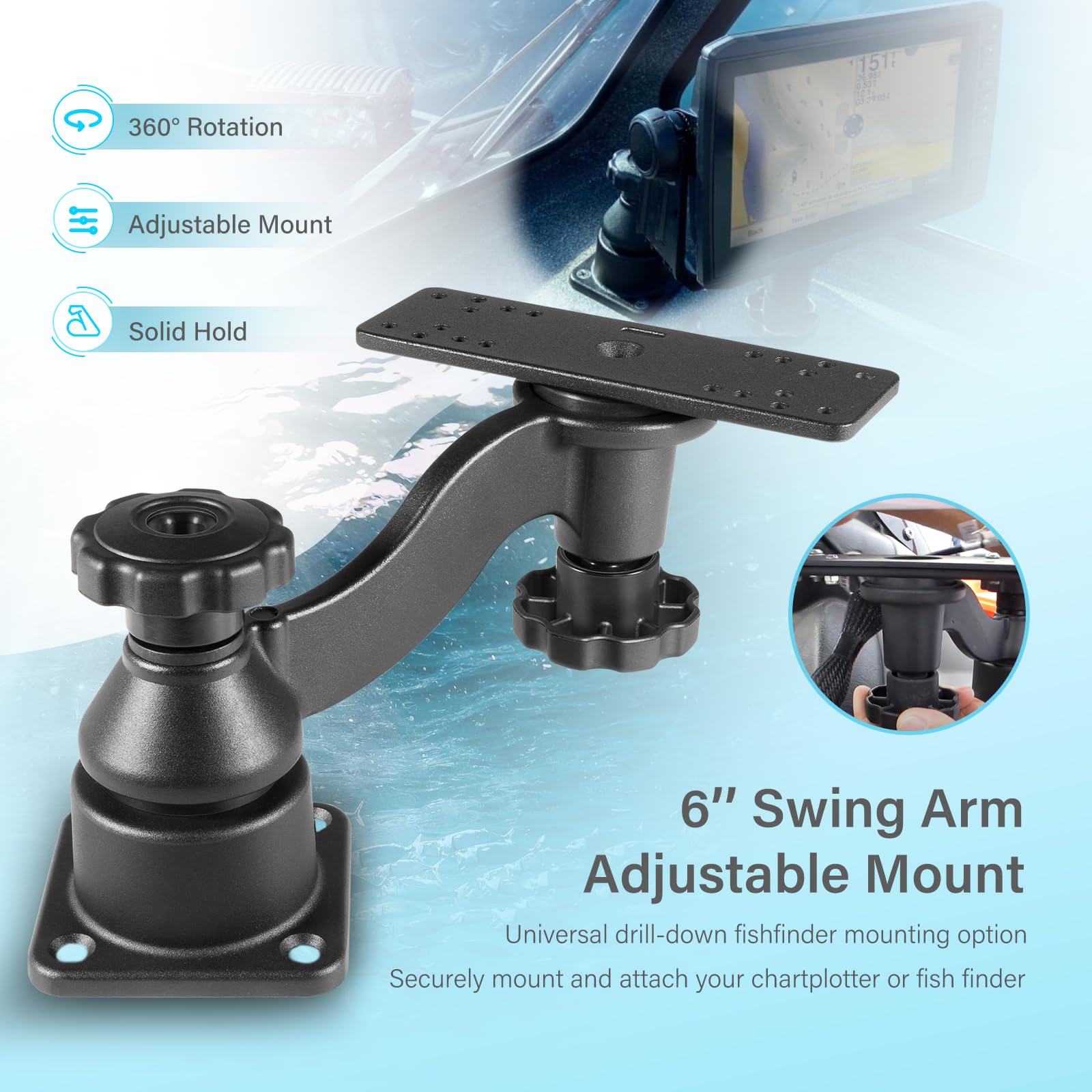 Fishfinder Mount with 6-inch Swing Arm Fit for Fish Finder & Chartplotters Compatible with echoMAP/GPSMAP/Apex/Helix/Solix/Elite/Hook and More, 360 Degree Rotation