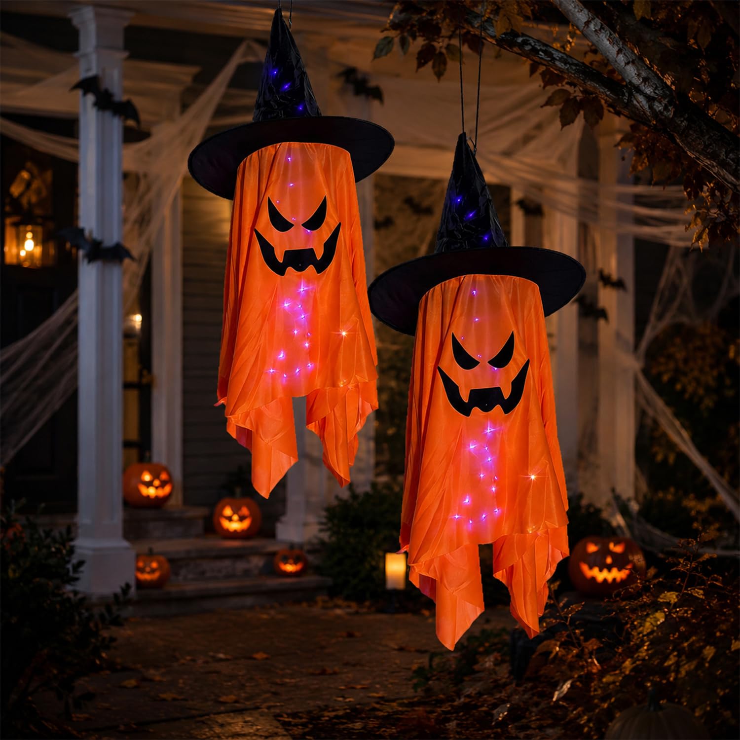 2Pcs Halloween Decorations Outdoor, Orange Swinging Ghosts Halloween Decor