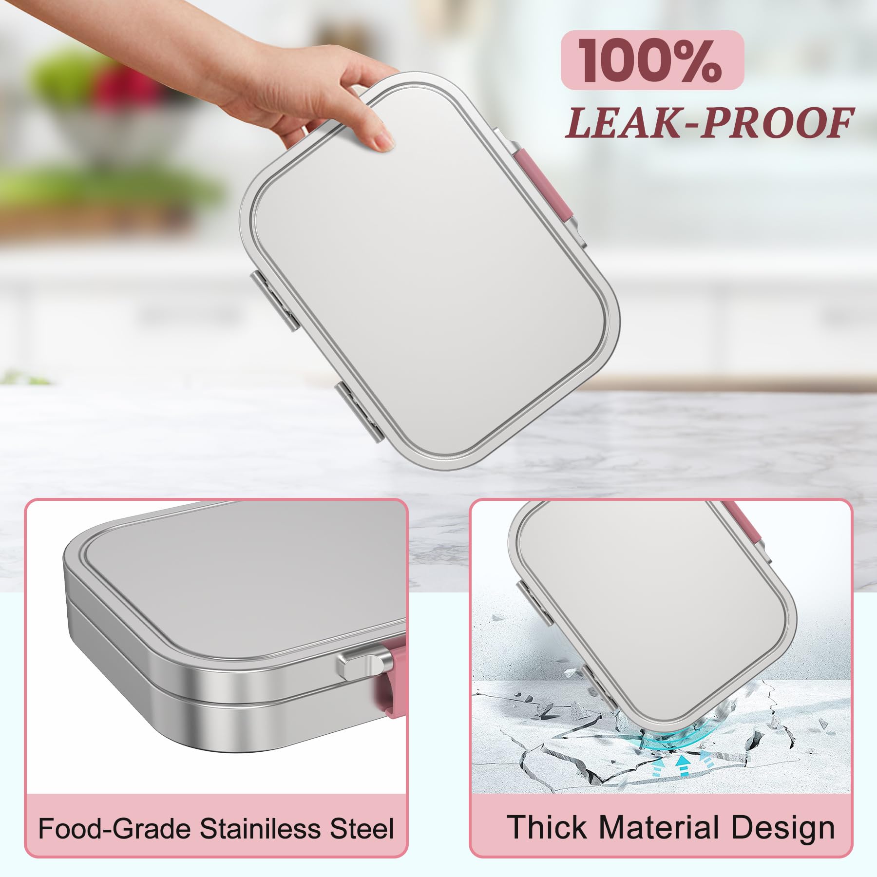 VITONIS Fiambrera de acero inoxidable para niños, fiambrera de metal Bento para niños, con 3 compartimentos y anillo de sellado, fiambrera adecuada para niños y adultos, apta para lavavajillas (rosa