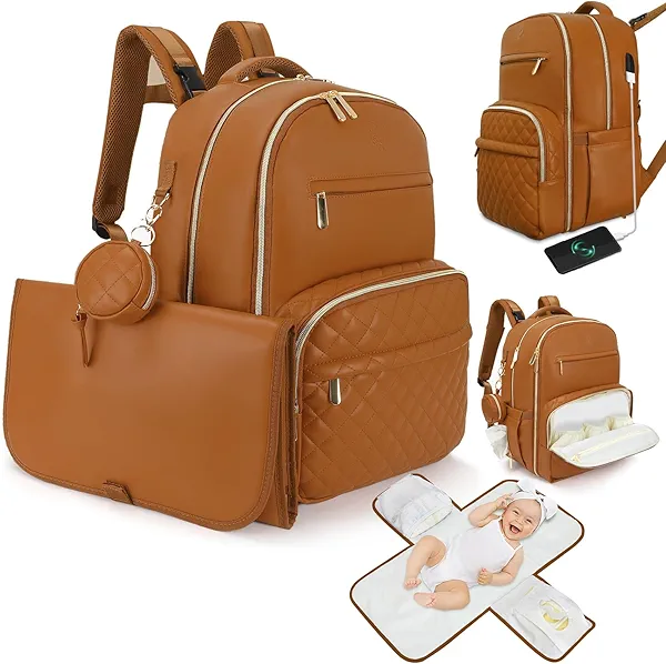 JustBaby Luv Award-Winning 3-in-1 Faux Leather Diaper Bag Backpack – Stylish, Durable, Waterproof Large Baby Essentials Bag with 21 Pockets, USB Port, Changing Pad & Stroller Straps for Parents