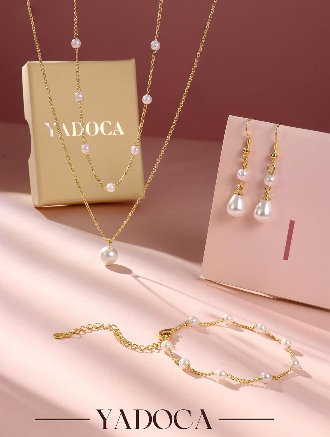 YADOCA Gold Jewelry Set for Women - 16K Gold Plated Pearl Necklace and Earring Set With Drop Earrings,Charm Layered Necklace,Adjustable Bracelets - Dainty Women's Pearl Jewelry Set For Wedding Gifts - Image 5