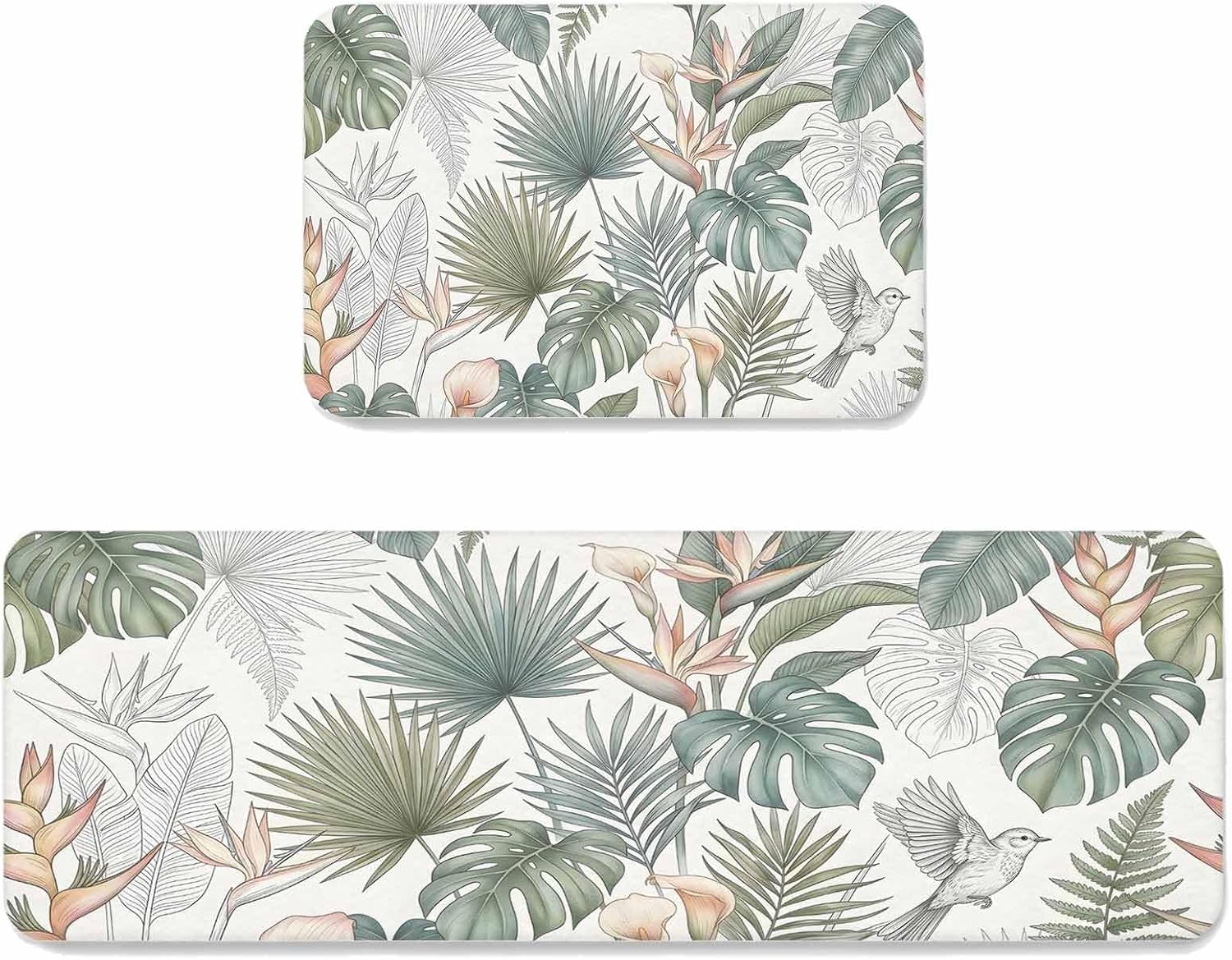 Prime Leader Green Plant Kitchen Mat Set 2 Pieces Retro Green Pink Leaf Grey Bird Non Slip Kitchen Rugs Washable Runner Rug Mats for Floor Sink Laundry Office 19.7" x 31.5"+19.7" x 47.2"