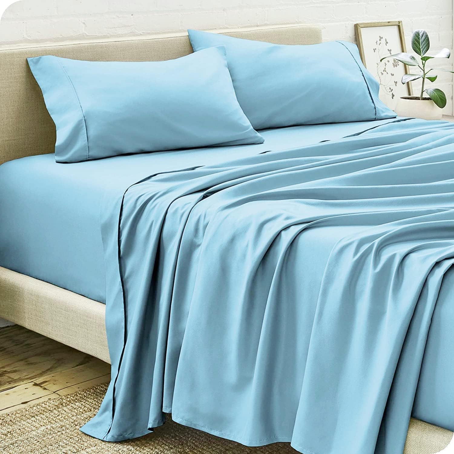 Gorayoo Bedding Flat Bedsheets Double Size Egyptian Cotton - 400 Thread Count Pocket Long Staple Sateen Weave Flat Sheet with 2 Pillowcover | Sky Blue