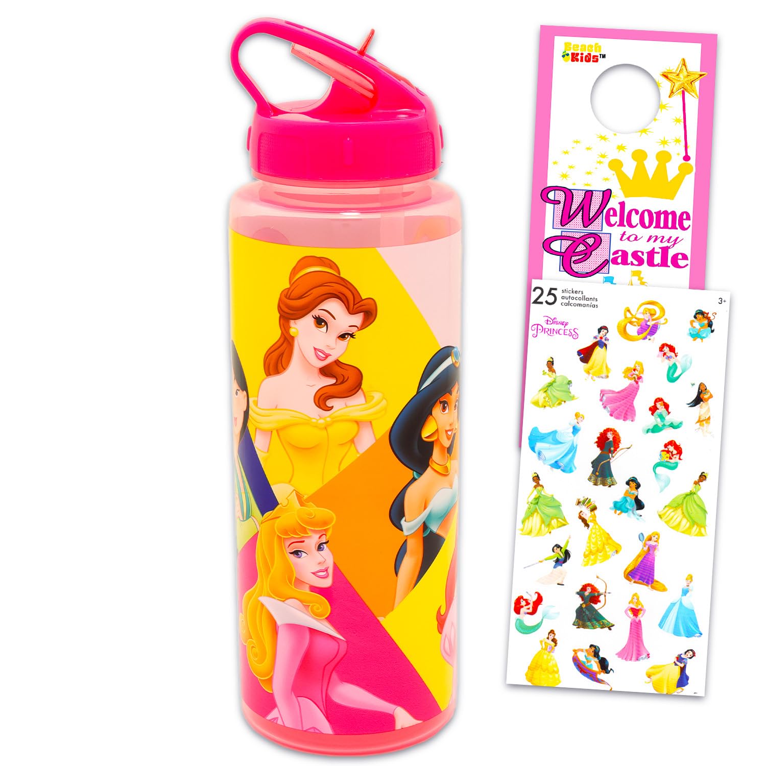 Botella de agua Disney Princess infantil de plástico reutilizable con boquilla