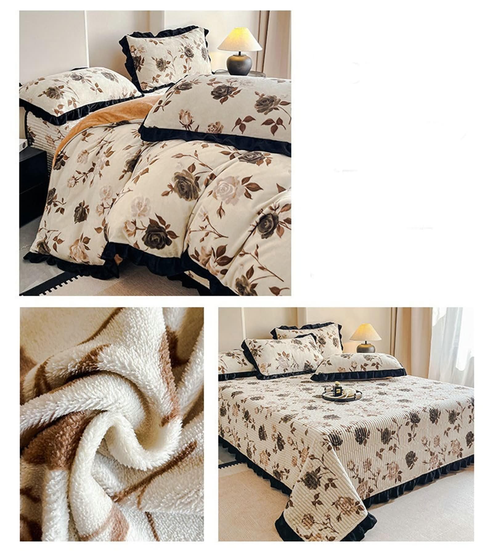 4-częściowy zestaw pościeli, poszwa na kołdrę 200x230cm, narzuta 230x250cm i 2 poszewki na poduszki, wzór gałęzi kwiatów i liści z falbankami, miękki aksamit, brązowy beżowy czarny