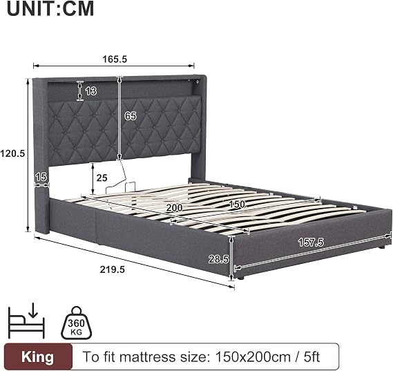 MYBOO Upholstered Ottoman Bed, 5ft King Size Bed Frame with Storage, LED and USB, Gas Lift Up Upholstered King Size Bed Frame with Button Tufted Storage Headboard and Slats, Linen, No Mattress, Grey