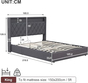MYBOO Upholstered Ottoman Bed, 5ft King Size Bed Frame with Storage, LED and USB, Gas Lift Up Upholstered King Size Bed Frame with Button Tufted Storage Headboard and Slats, Linen, No Mattress, Grey