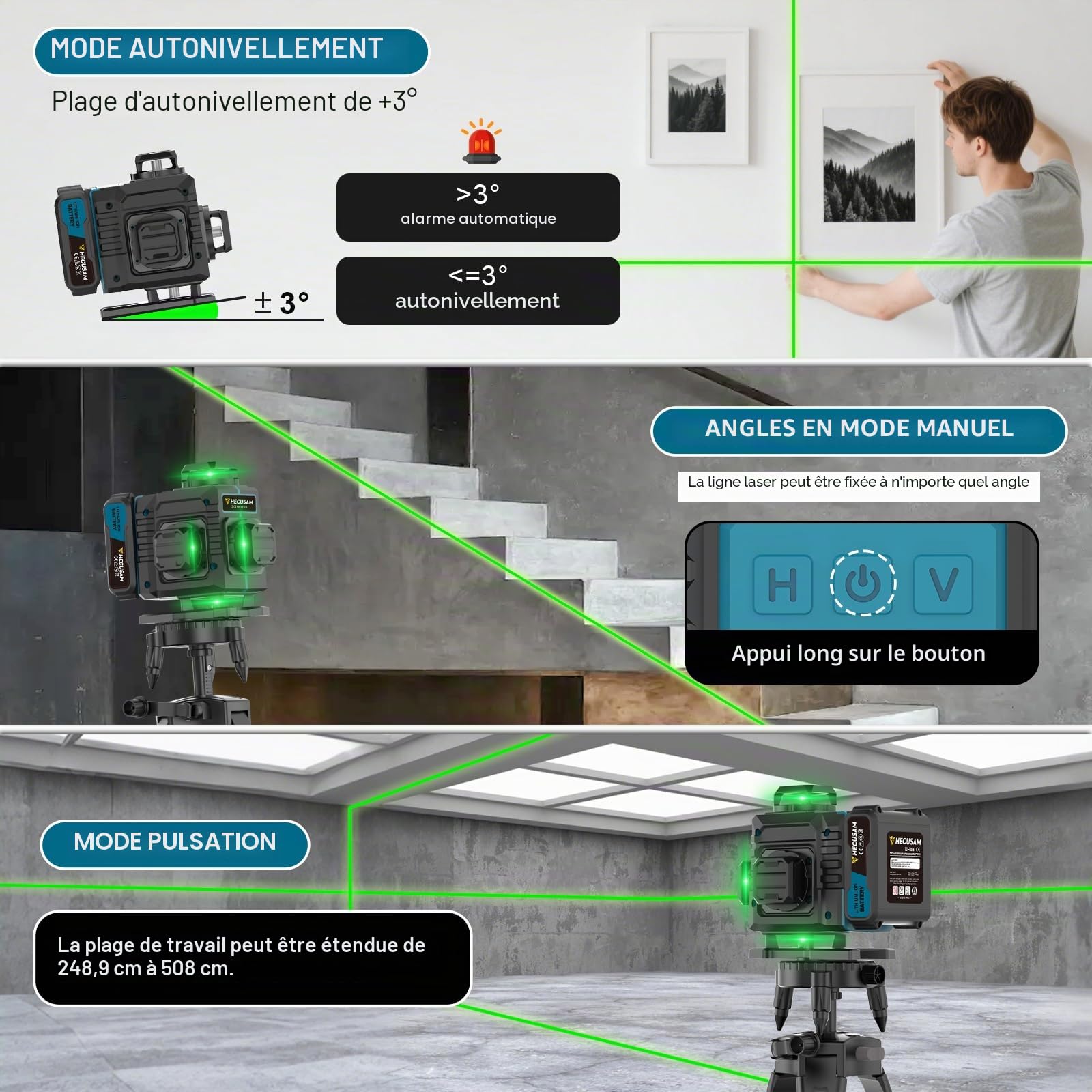 Niveau Laser Avec Trepied, Niveau Laser Chantier Autonivelant 4×360°, Laser à Lignes Continues Avec FenêTre De Rotation à 360°, Batterie 2×4800 mAh, Indice IP54 Pour Bâtiment, Carrelage