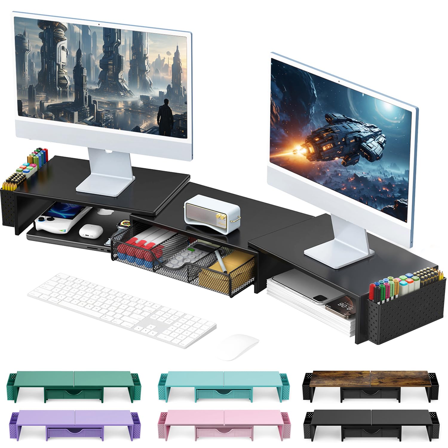 Gianotter Dual-Monitor-Ständer Aus Holz – Mit Schublade & Stifthaltern, Höhenverstellbar Für Bessere Ergonomie