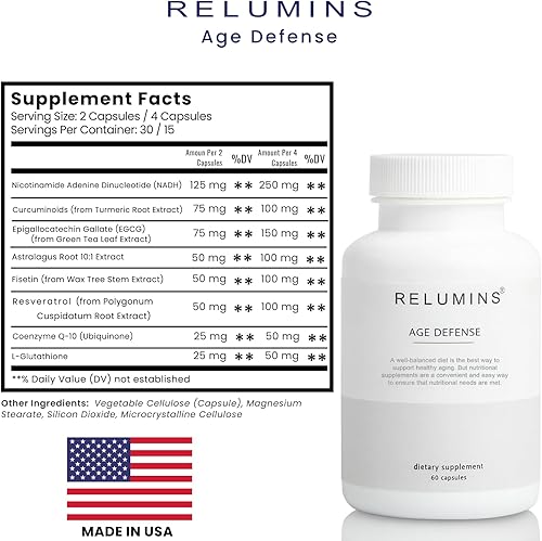 Miniatura 7 de Relumins Suplemento Age Defense NAD+ con NADH, CoQ10, glutatión, resveratrol, fisetina, curcumina y EGCG - Suplemento de apoyo antioxidante - 60