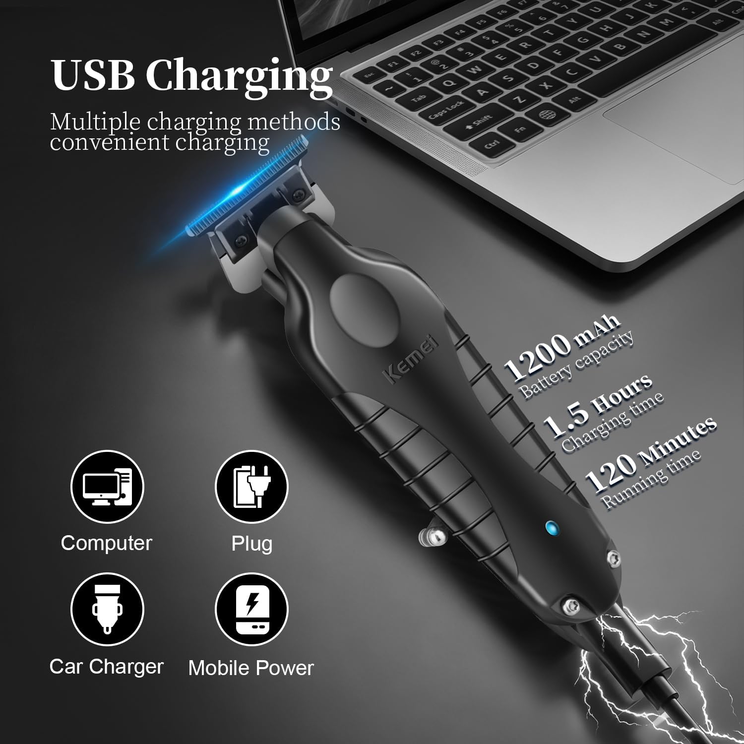 KEMEI PG2299 Professional Hair Clippers for Men, Cordless Beard Trimmer, Electric T-Blade Zero Gap Hair Trimmer, USB Rechargeable with 3 Guide Combs