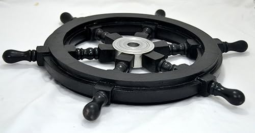 Miniatura 3 de historicalmuseumstore Rueda de barco de madera 24" D negro ~ barco ~ pirata ~ decoración náutica ~ decoración del hogar