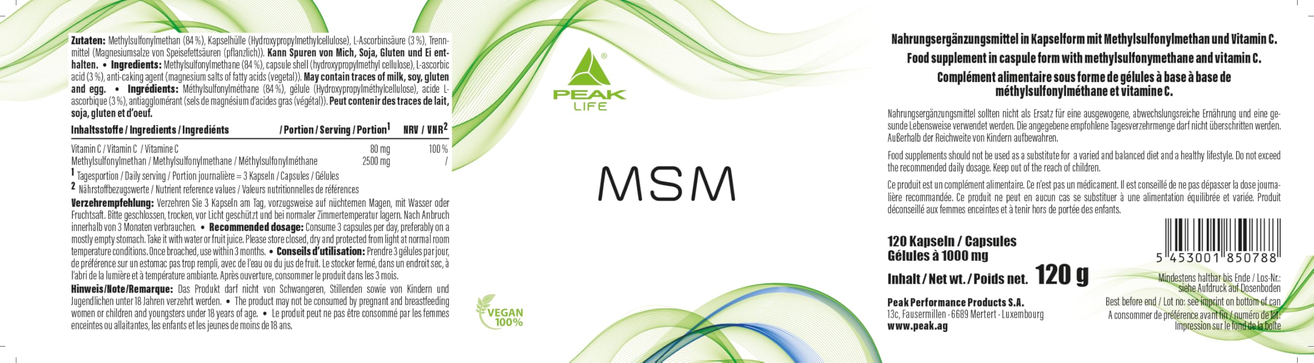 PEAK MSM - 120 Kapseln I 40 Portionen mit reinem Methylsulfonylmethan (MSM) und Vitamin C (Ascorbinsäure) | hochwertige Kombination in praktischer Kapselform