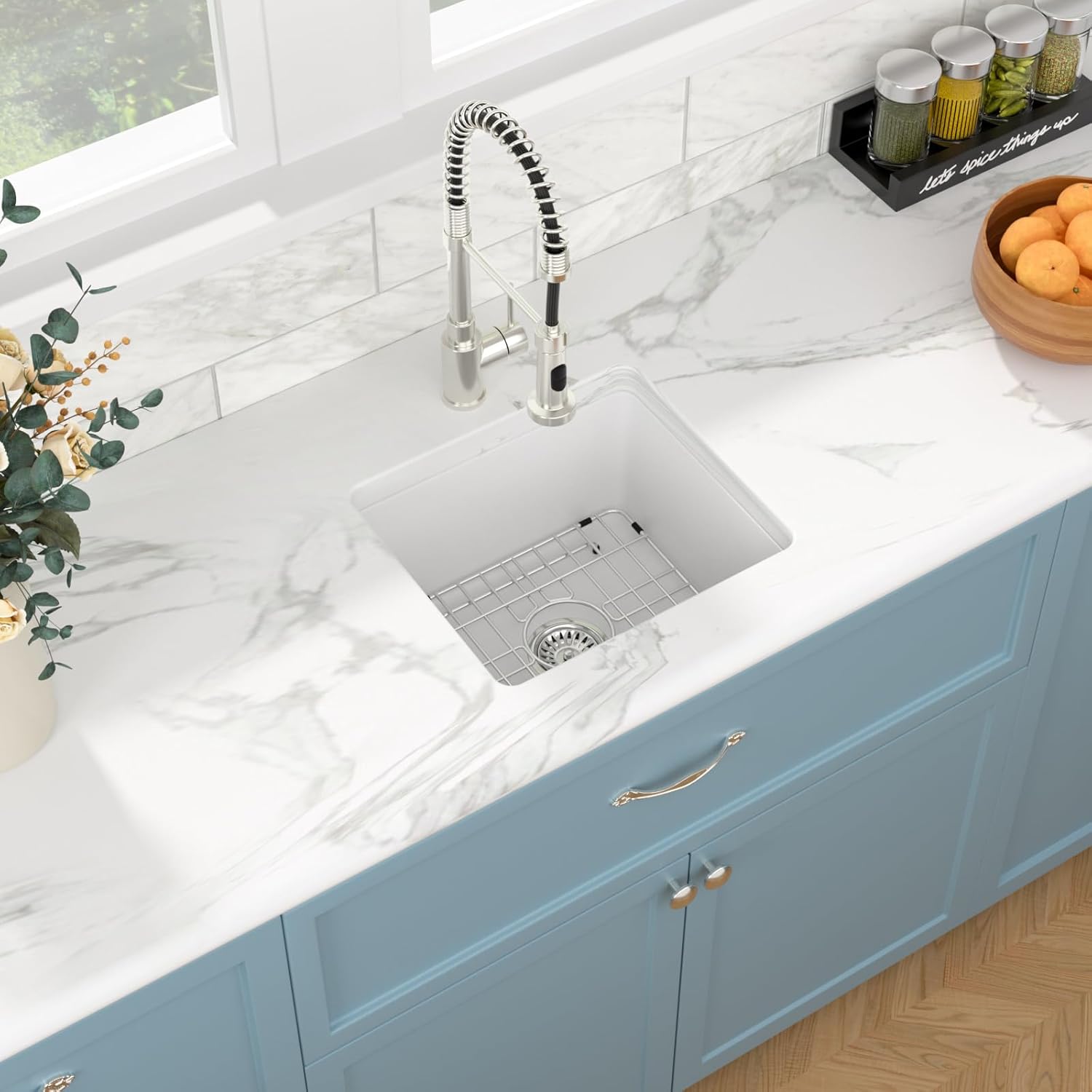 Sarlai White Kitchen Sink Granite Composite - 18 x 16 inch Bar Prep Sink White Granite Composite Quartz Undermount Single Bowl Rectangular RV Camper Sinks Basin