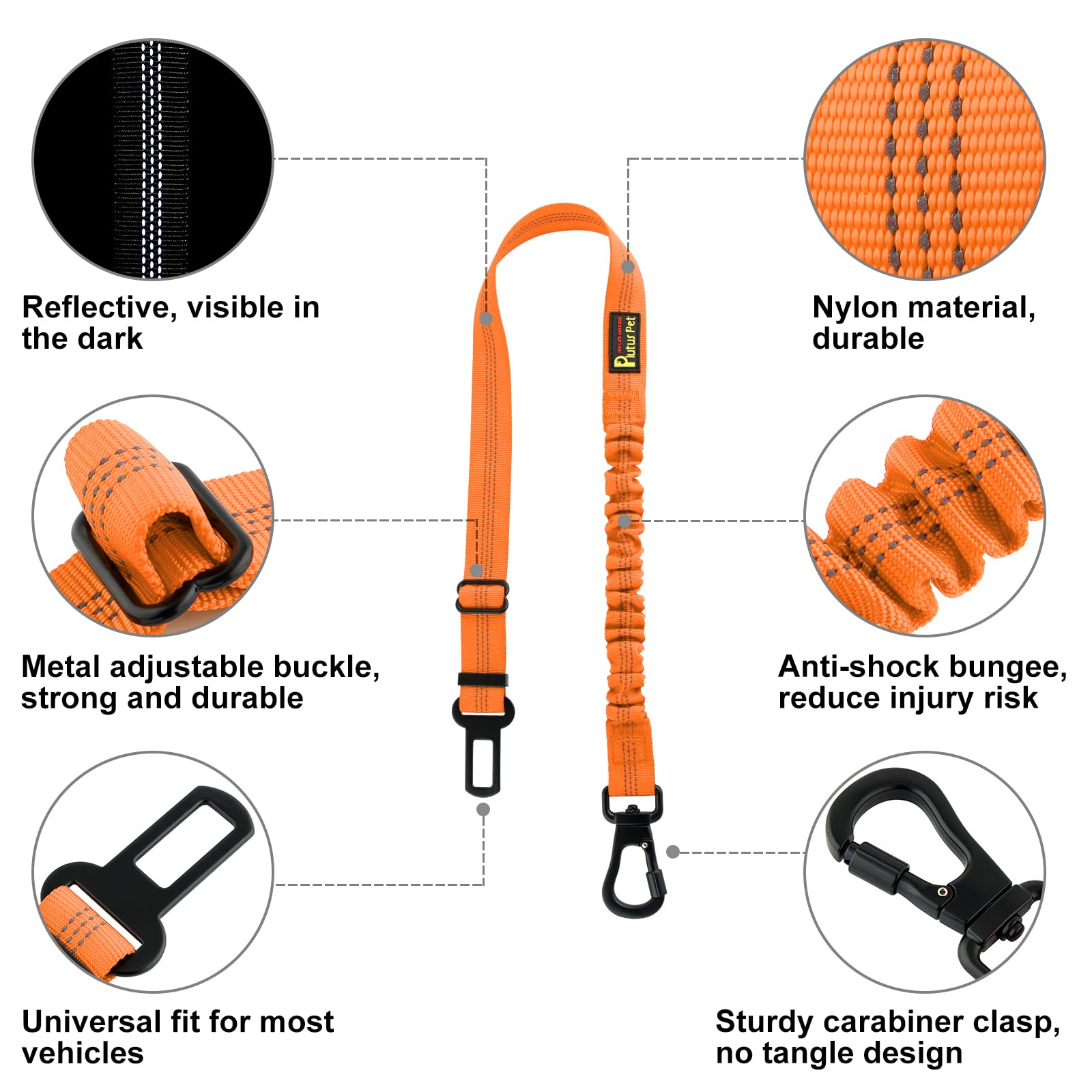 Plutus Pet Dog Seat Belt for Car, Adjustable Dog Car Harness with Carabiner Clip, Reflective Safety Dog Seatbelt Leash with Elastic Bungee, Orange - image 2