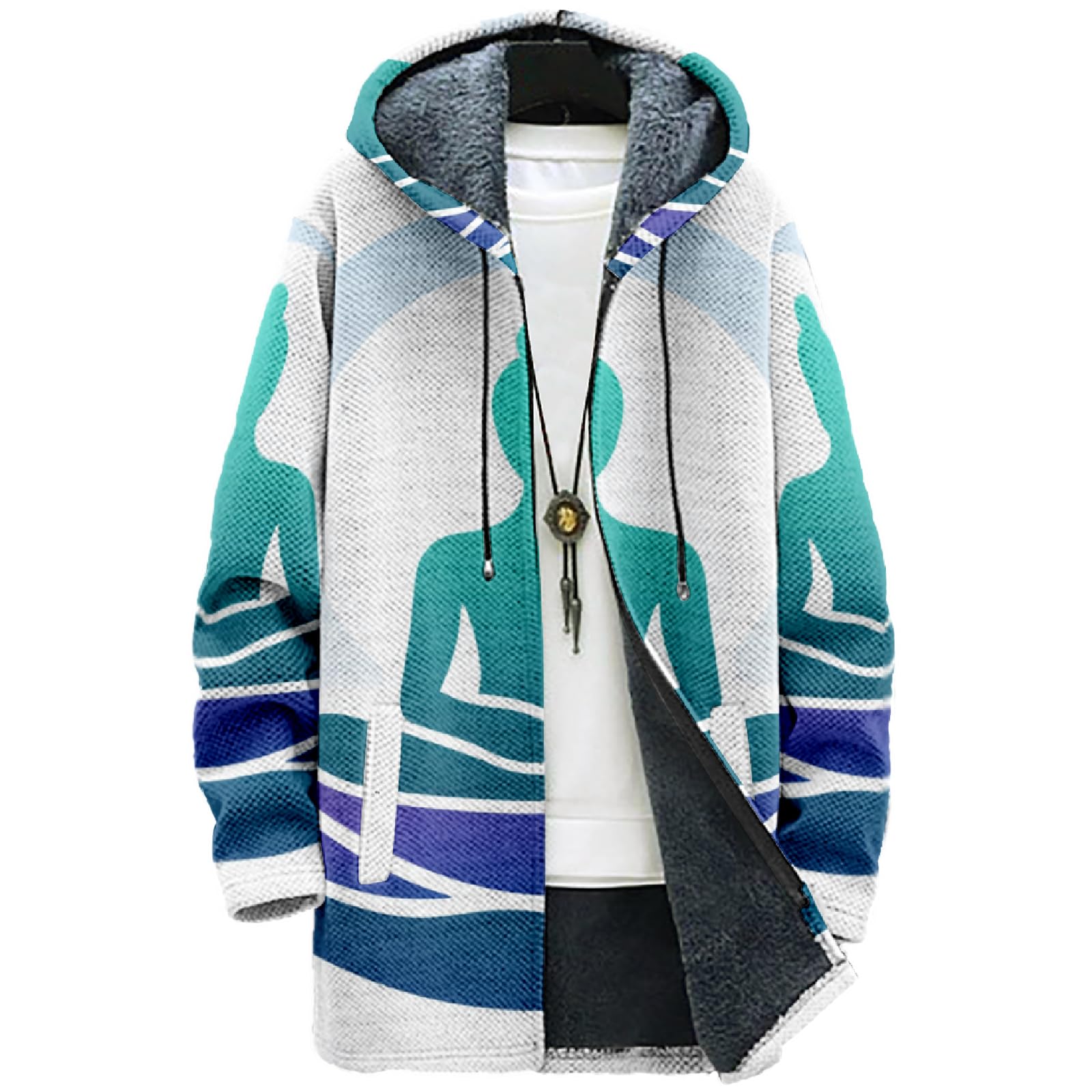 Fashion Japanese Art Mens Cardigan Hoodies Fall Casual Fleece Lined Knitted Long Zipper Jacket with Pocket