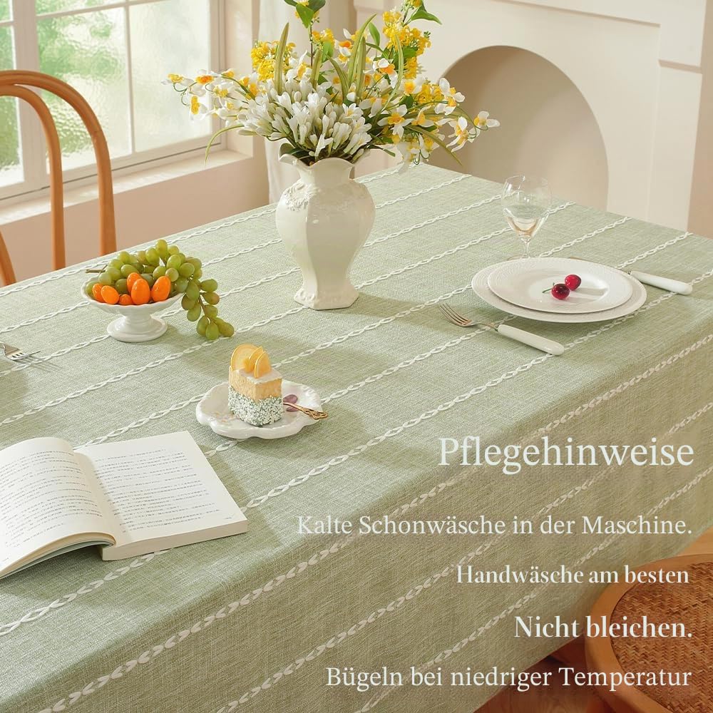 Leinen Tischdecke Grün135x300cm, Grüne Tischdecke Abwaschbar Stoff Tischdecken Baumwolle für Küche, Garten, Party, Geburtstag, Outdoor