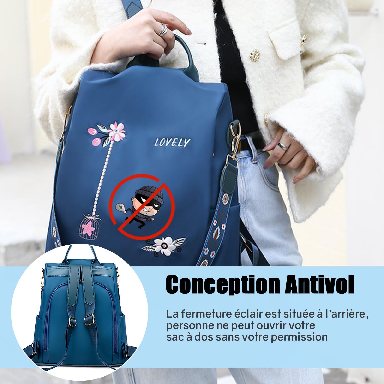 Sac à Dos Anti-vol Femme, Sac à Main Loisir, Sac de Voyage Elegant, Sacs Portés Dos Imperméable, Sac à Bandoulière pour École, Shopping, Travail, Voyages, Collège