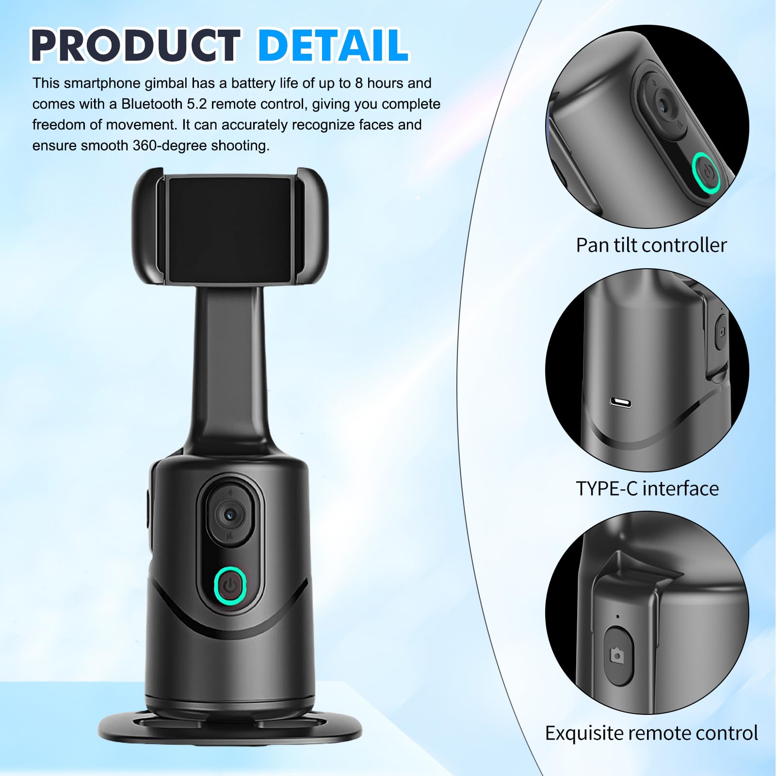Gimbal per cellulare, con riconoscimento automatico del viso e tracciamento a 360 gradi, treppiedi per smartphone con telecomando, controllo gestuale, per Vlog TikTok Live Video Registrazione Gimbal