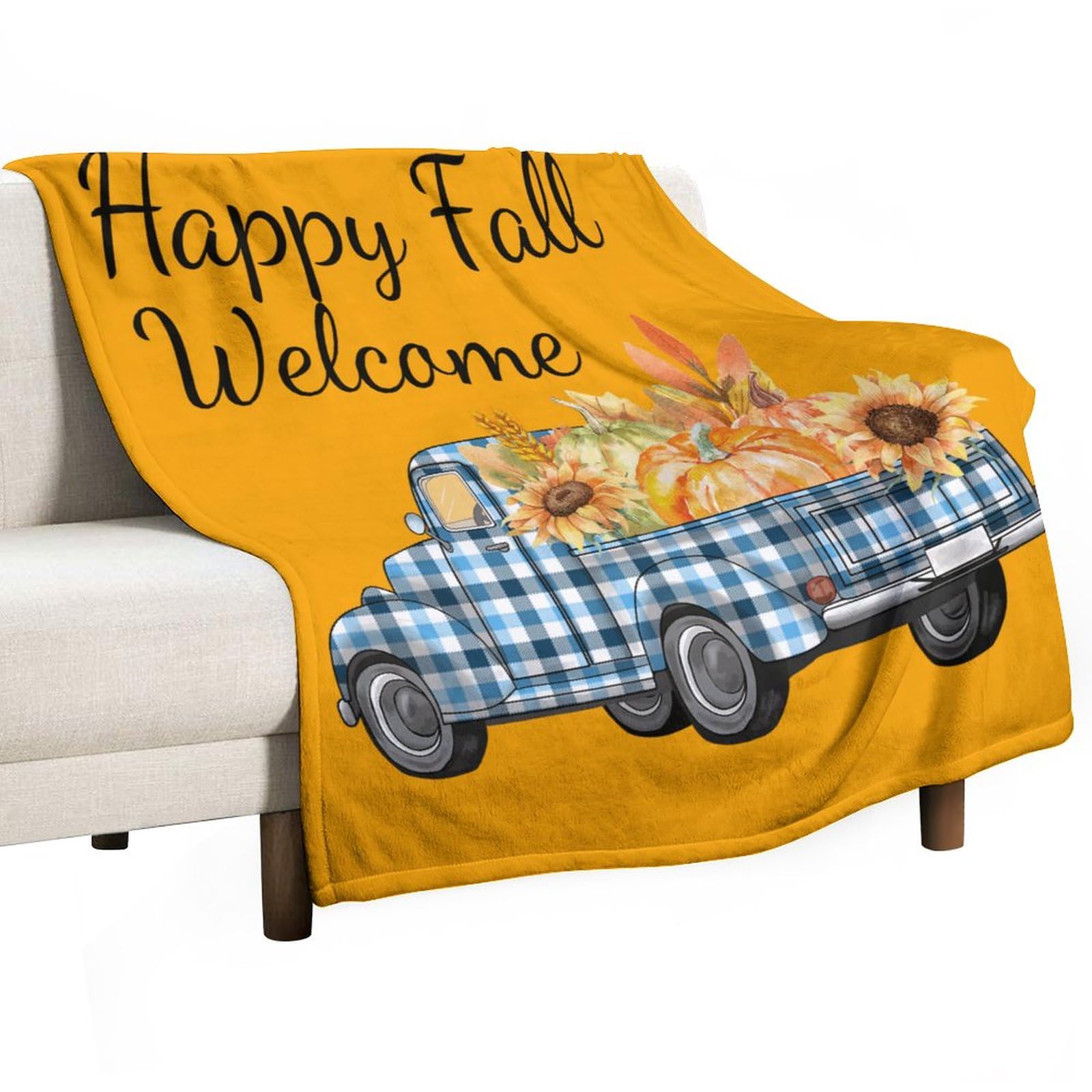 Couverture polaire 127x152 cm Happy Fall avec motif citrouille et camion de récolte pour lit