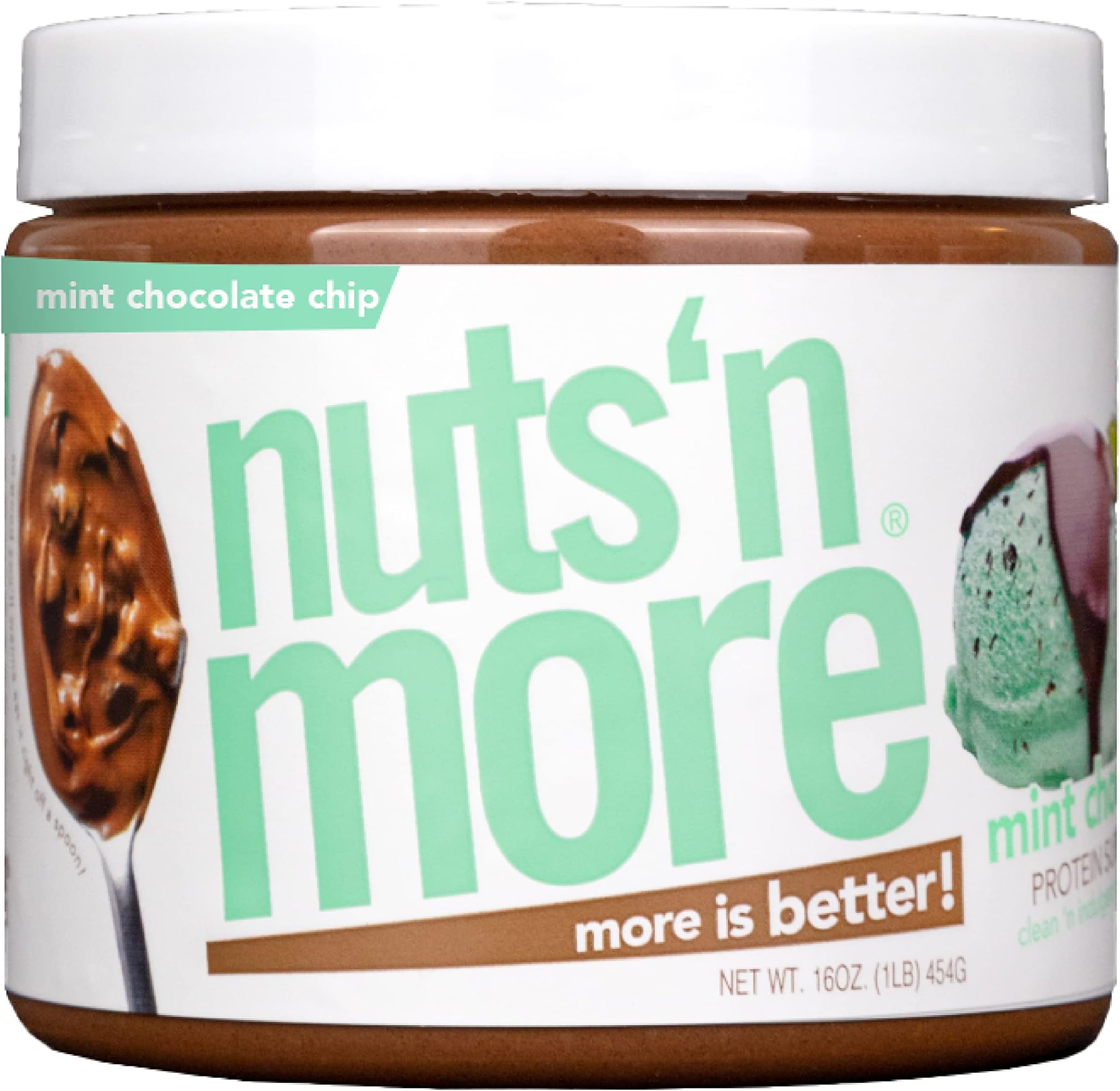 Nuts 'N More Mint Chocolate Chip Peanut Butter Spread, All Natural High Protein Nut Butter Healthy Snack, Omega 3’S, Antioxidants,16 Oz Jar 1 Pound (Pack of 1)