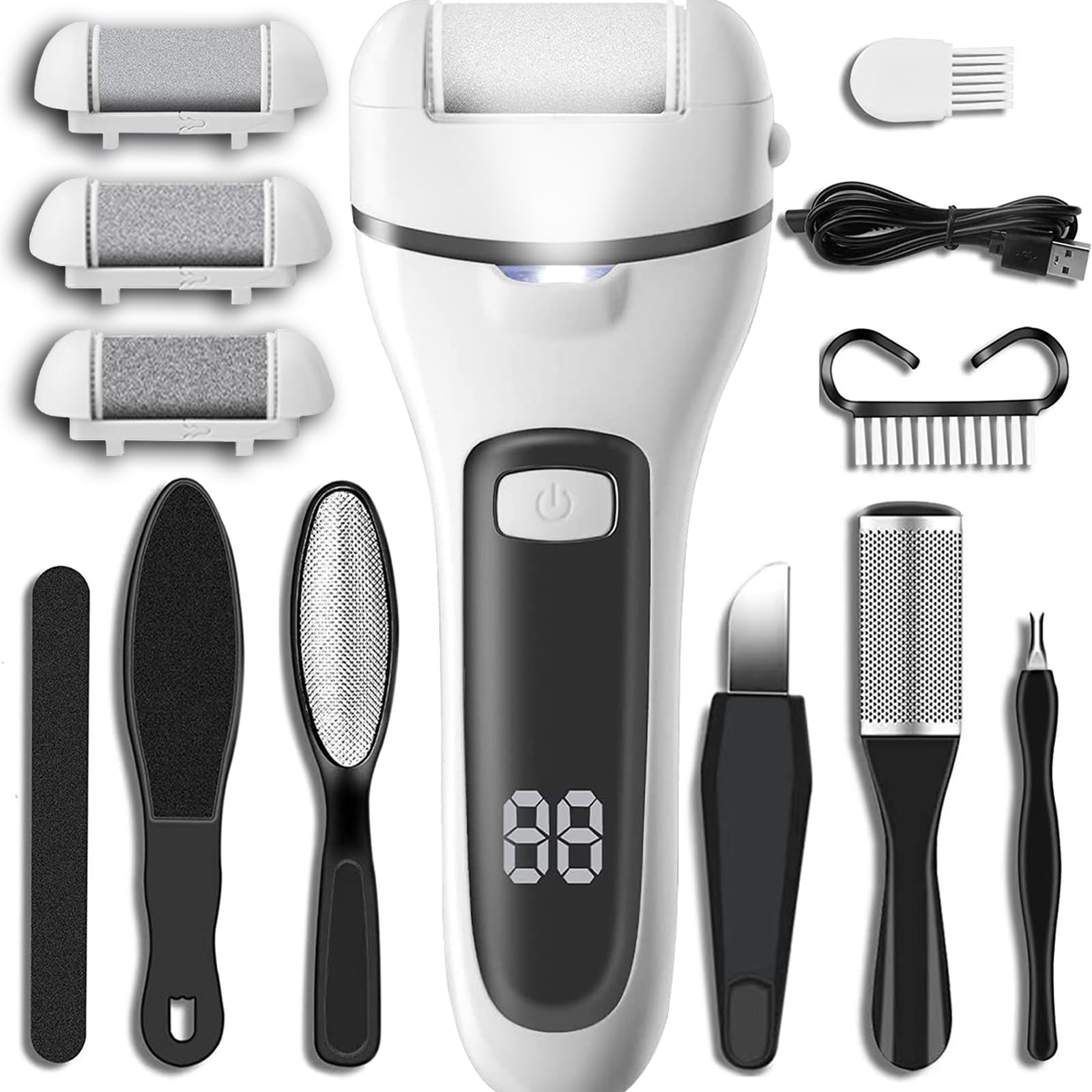Callus Remover for Feet Rechargeable, 13-in-1 Professional Pedicure Tools Foot Care Kit, Foot Scrubber Electric Feet File Pedi for Hard Cracked Dry Dead Skin, 3 Rollers, 2 Speed, Battery Display, Gift