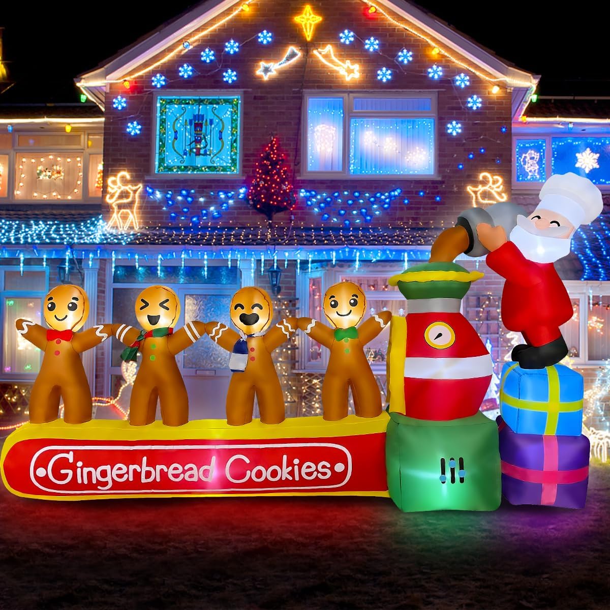 BLOWOUT FUN 7ft Inflatable Christmas Gingerbread Cookies Machine Decoration, LED Blow Up Lighted Decor Indoor Outdoor Holiday Art Decor Decorations