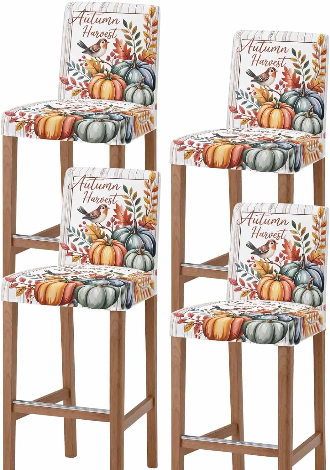 Fall Pumpkins Tits Bar Stool Chair Covers Set of 4 with Back,Stretch Barstool Slipcovers Washable,Autumn Thanksgiving Leaves Country Wood Pub Counter Height/Swivel/Cafe/Dining Room Chairs Seat Cover