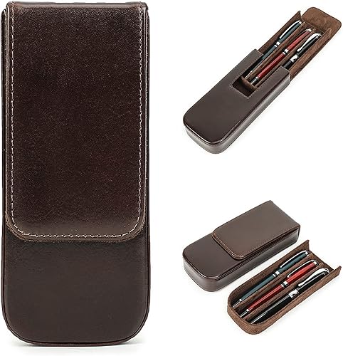 Estuche de cuero genuino de grano superior para 3 bolígrafoslápices, diseño minimalista de moda, hecho a mano, cierre magnético con diseño de cajón,