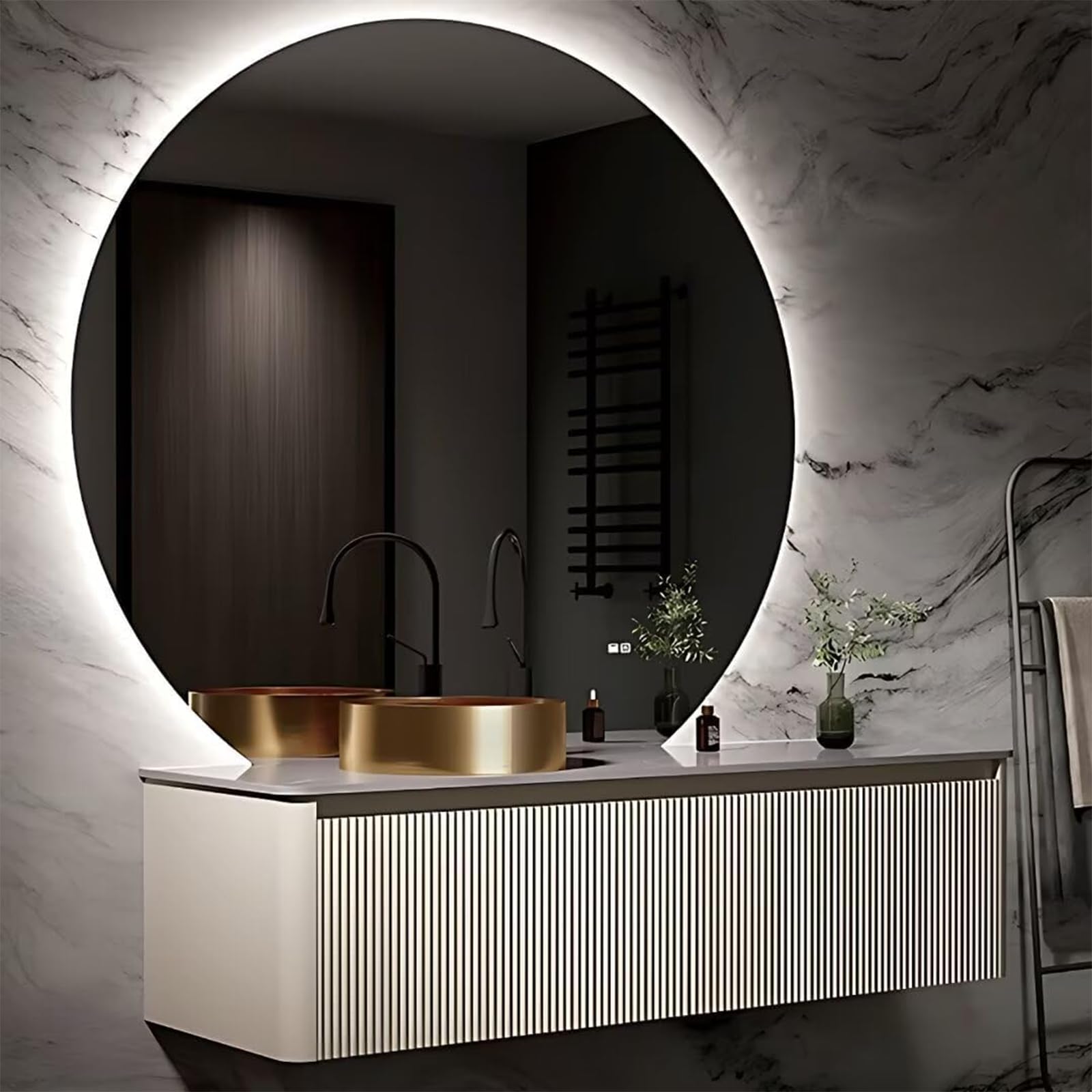 Moderno juego de tocador de baño con lavabo, diseño flotante de 64 pulgadas, lavabo de metal con LED inteligente que desempaña, espejo redondo, almacenamiento inferior abierto, muebles de baño