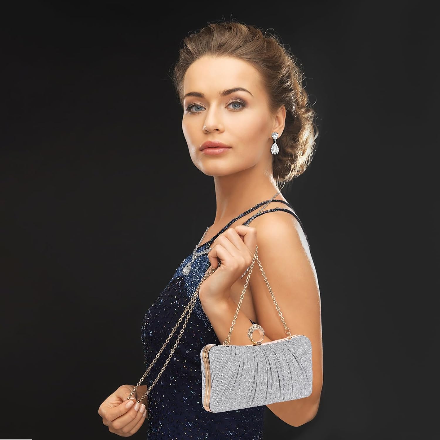 Quelay 3 Pcs Clutch Purse Jewelry Sets Glitter Clutch Purse Evening Bag Handbag for Women Wedding Party
